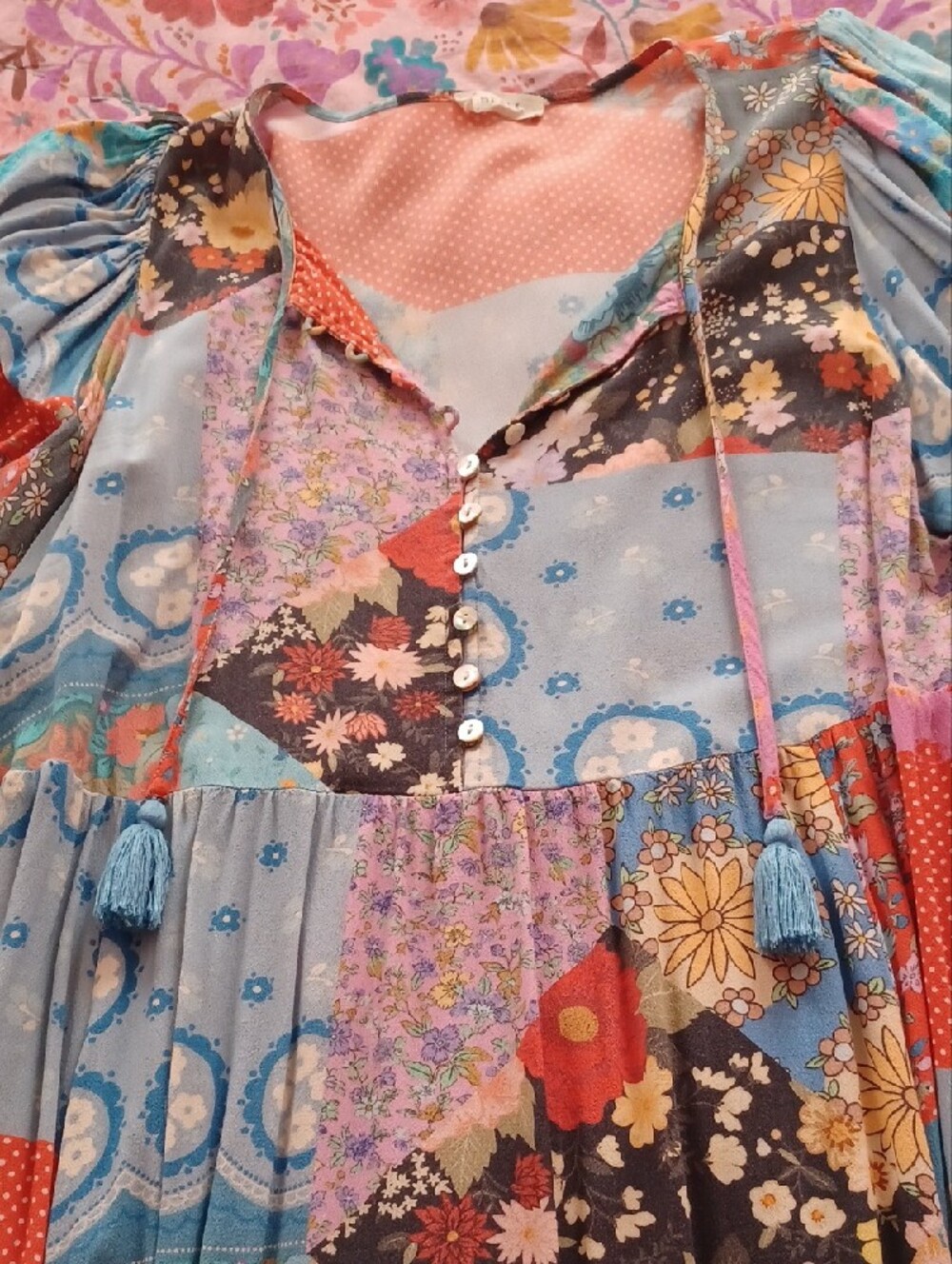 Spell Patchwork Long Sleeve Maxi Dress in Blue, Pink, Red - Picture 5 of 11